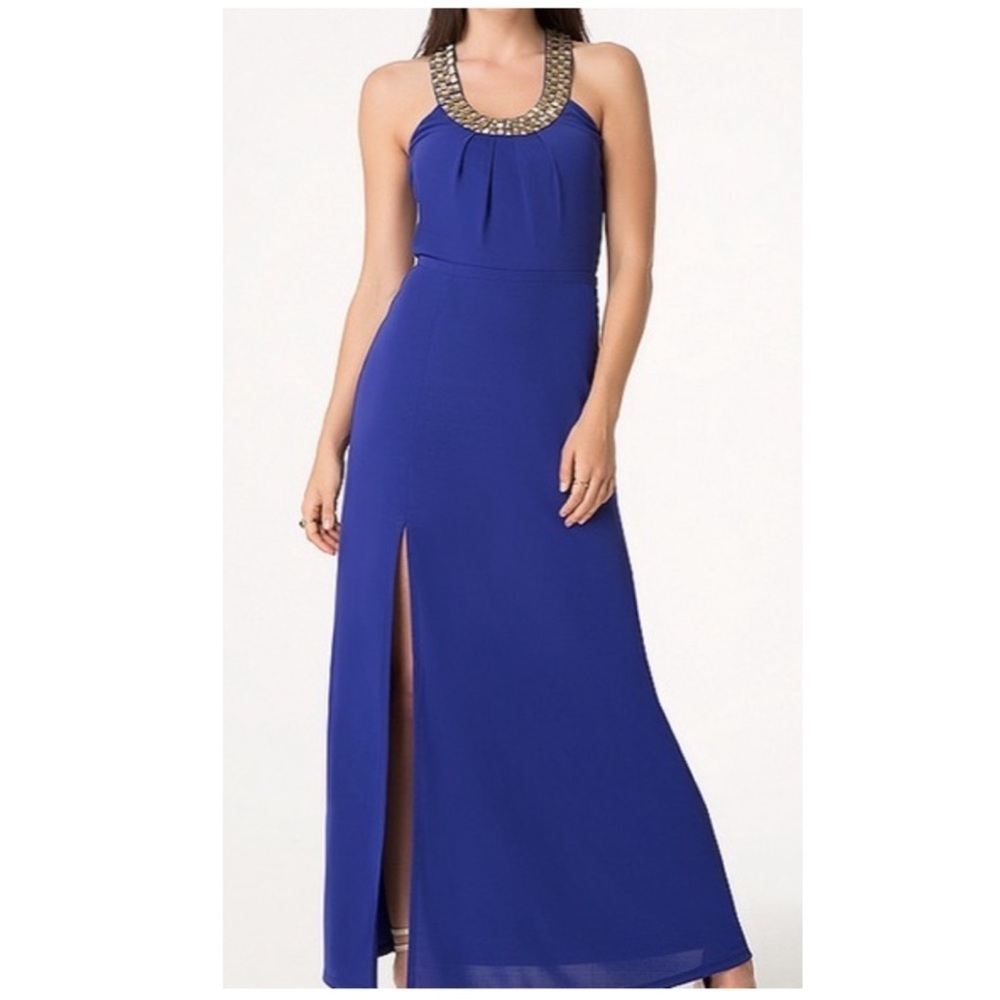💙 Bebe Blue Knit Greek Goddess Maxi Dress Embellished Neckline Gold Beads
